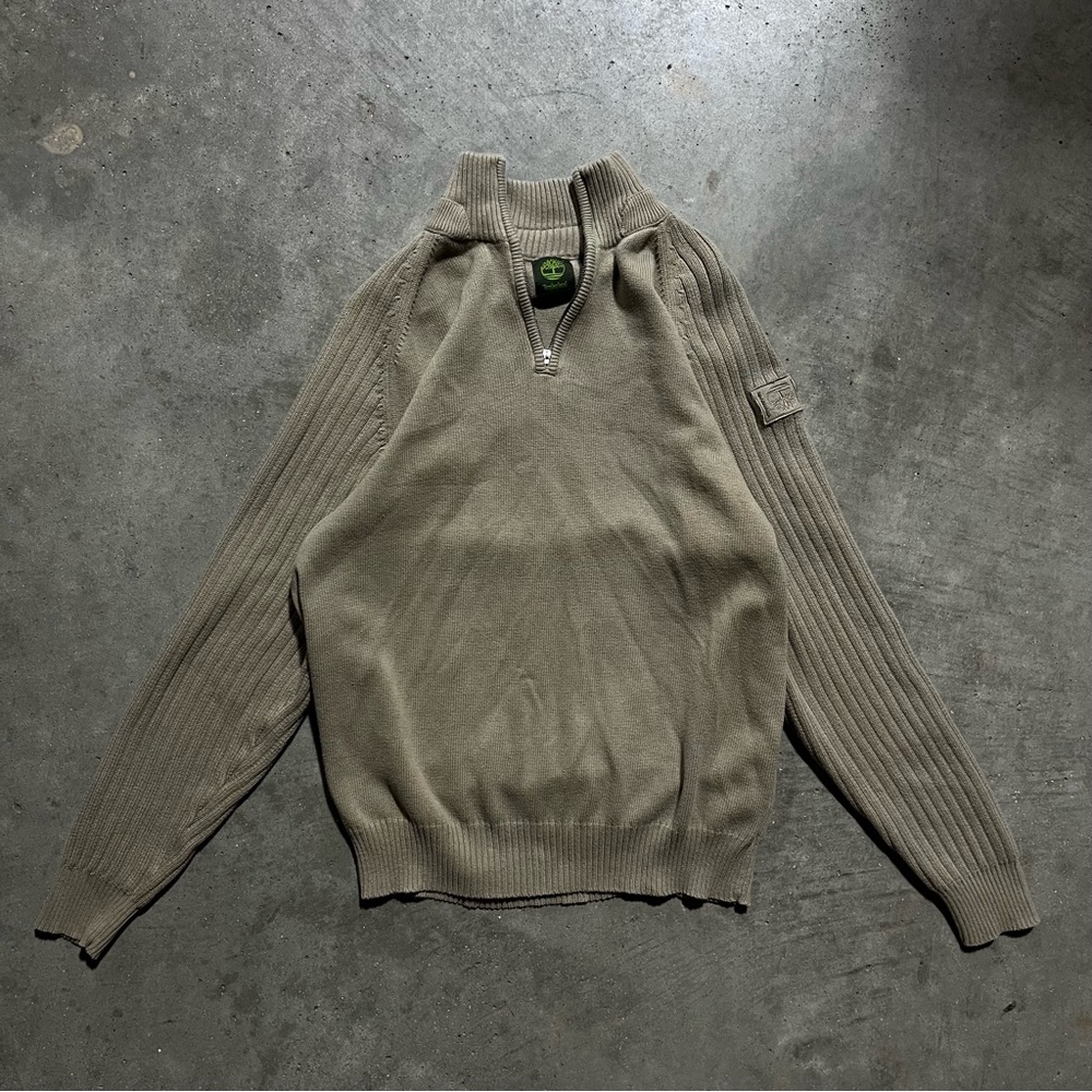 Vintage Timberland 1/4-Zip Olive Green Ribbed Mock-Neck Sweater - Men's Large